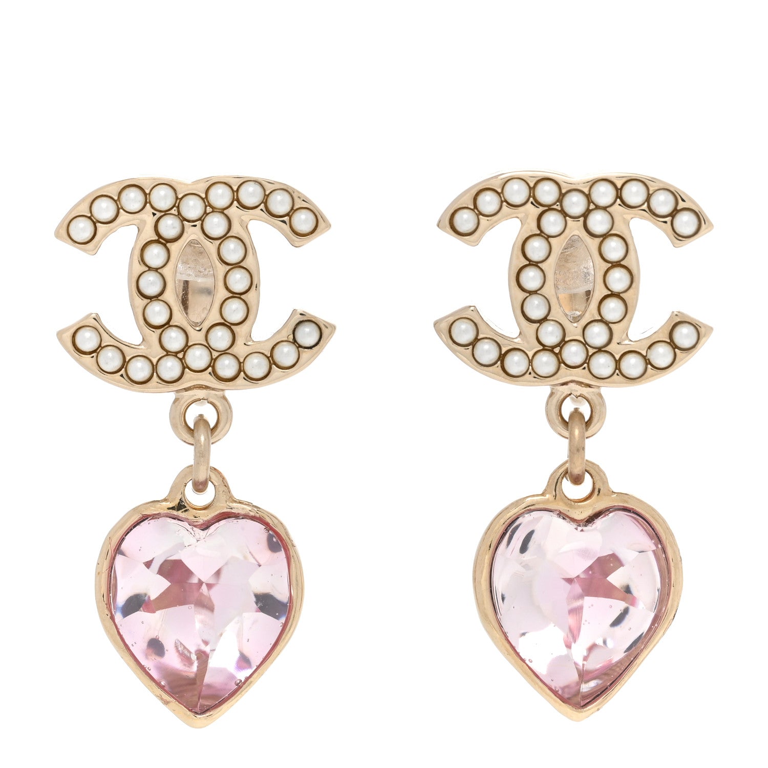 Chanel Crystal Pearl Heart CC Drop Earrings Pink Gold 1 of 5