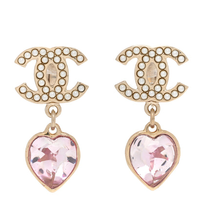 Chanel Crystal Pearl Heart CC Drop Earrings Pink Gold 1 of 5