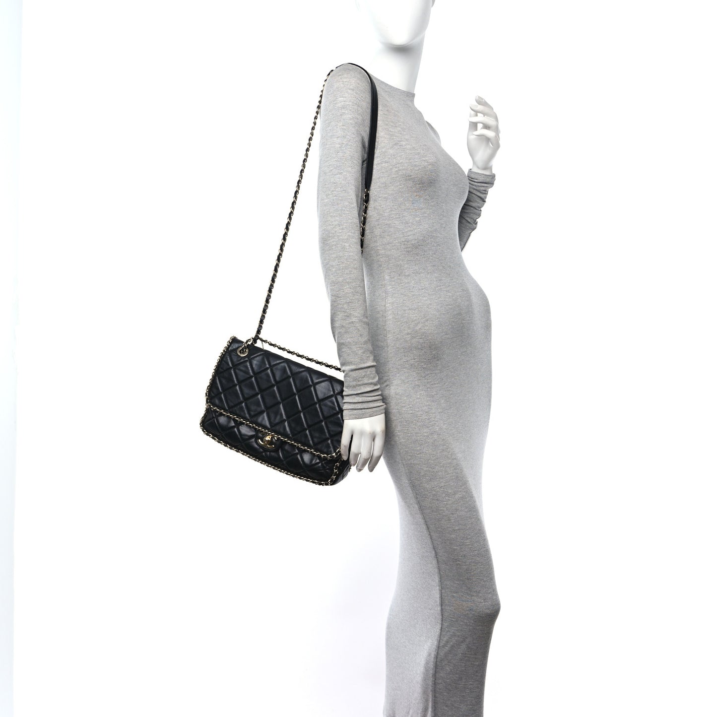 Crumpled Calfskin Quilted Large Chain All Over Flap Bag Black