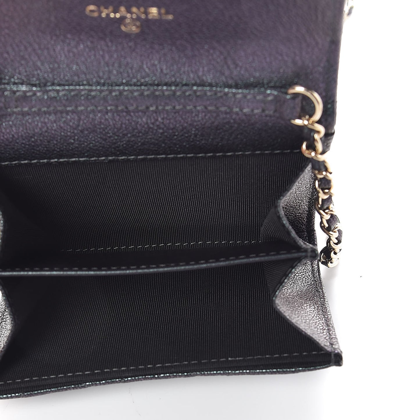Iridescent Caviar Quilted Flap Card Holder On Chain Black