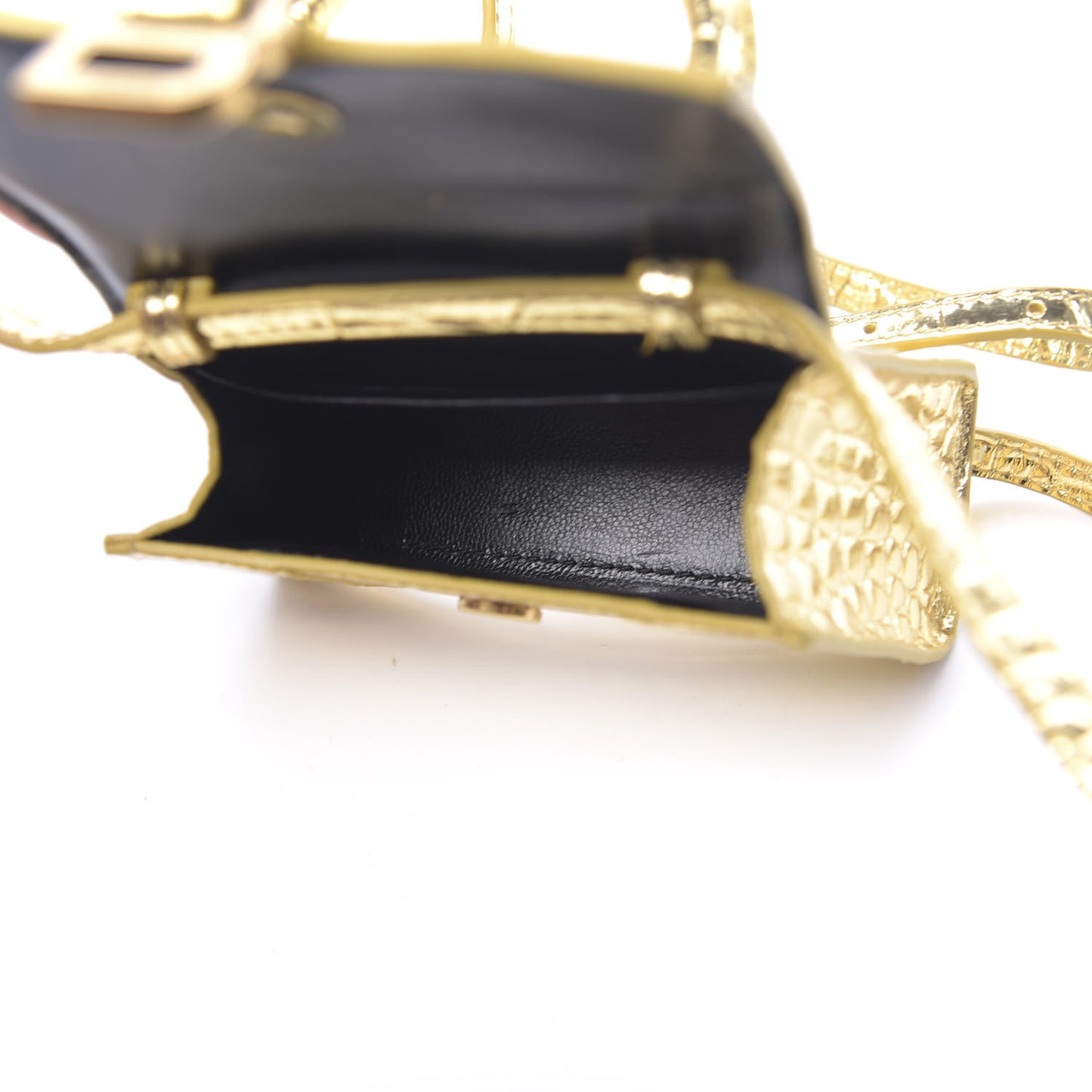 Metallic Calfskin Crocodile Embossed Hourglass Top Handle Bag Mini Gold