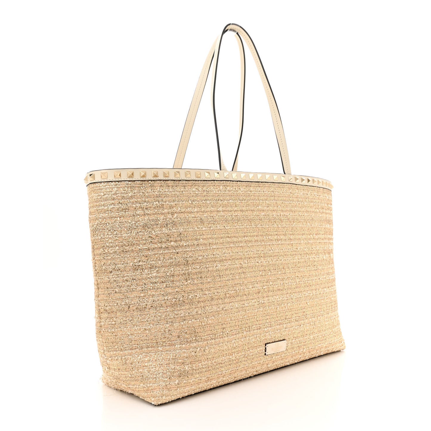 Metallic Boucle Raffia Calfskin Rockstud Shoulder Tote White Gold Ivory