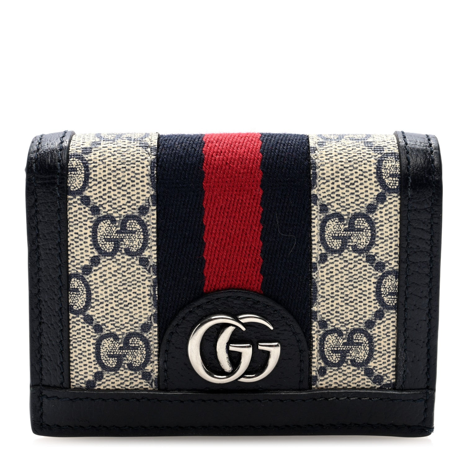 Gucci GG Supreme Monogram Textured Dollar Calfskin Web Ophidia Card Case Beige Blue 1 of 6