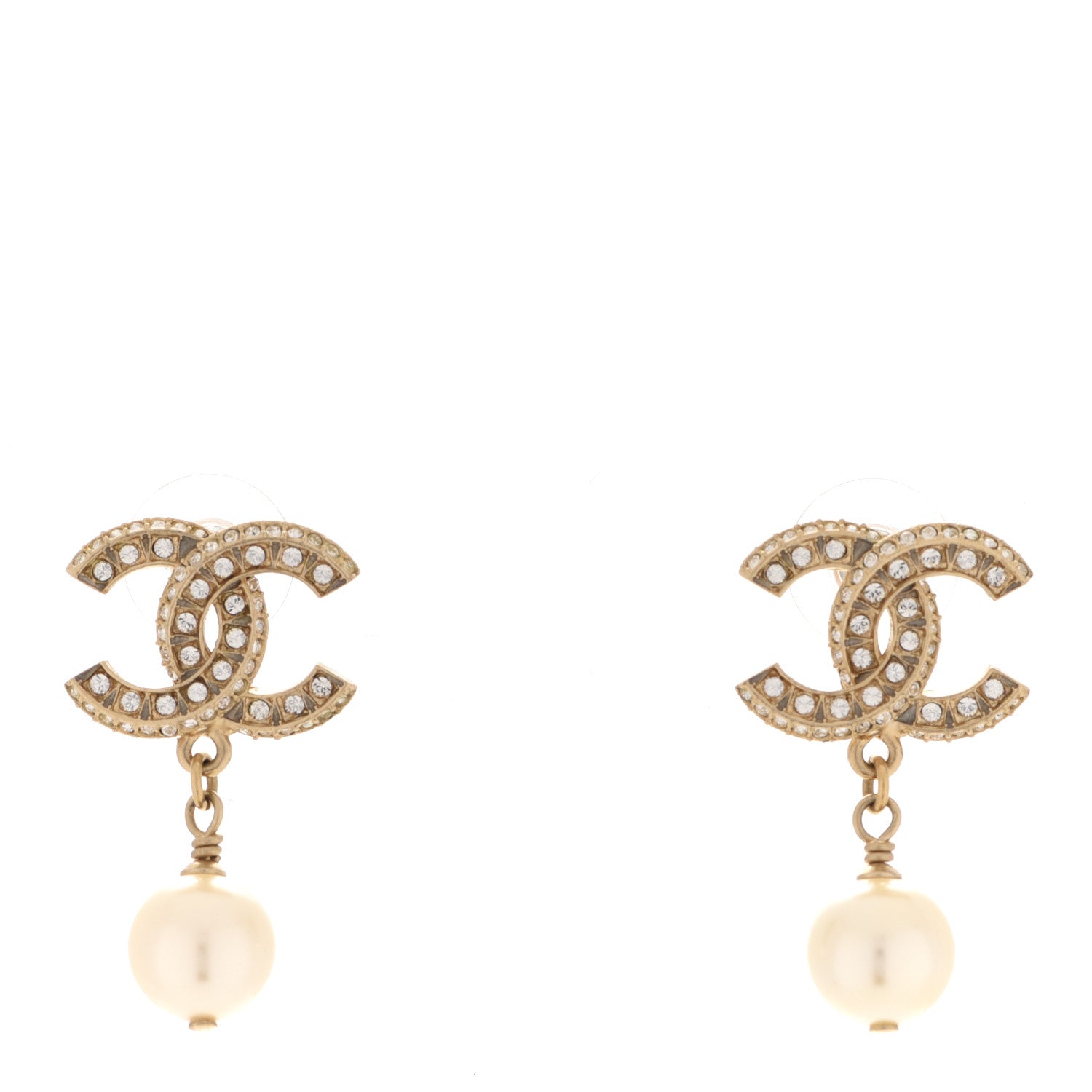 Chanel Crystal Pearl CC Drop Earrings Gold 1 of 4