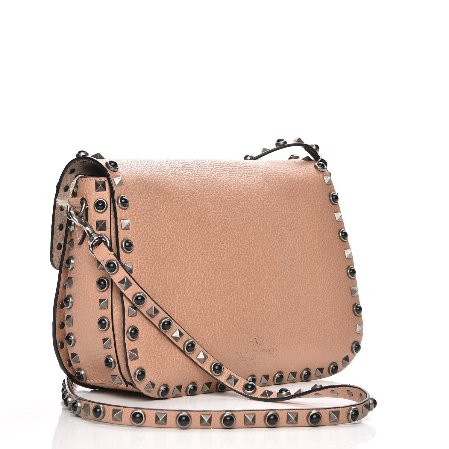Valentino Garavani Pebbled Calfskin Medium Rockstud Rolling Flap Saddle Bag Soft Noisette 3 of 8