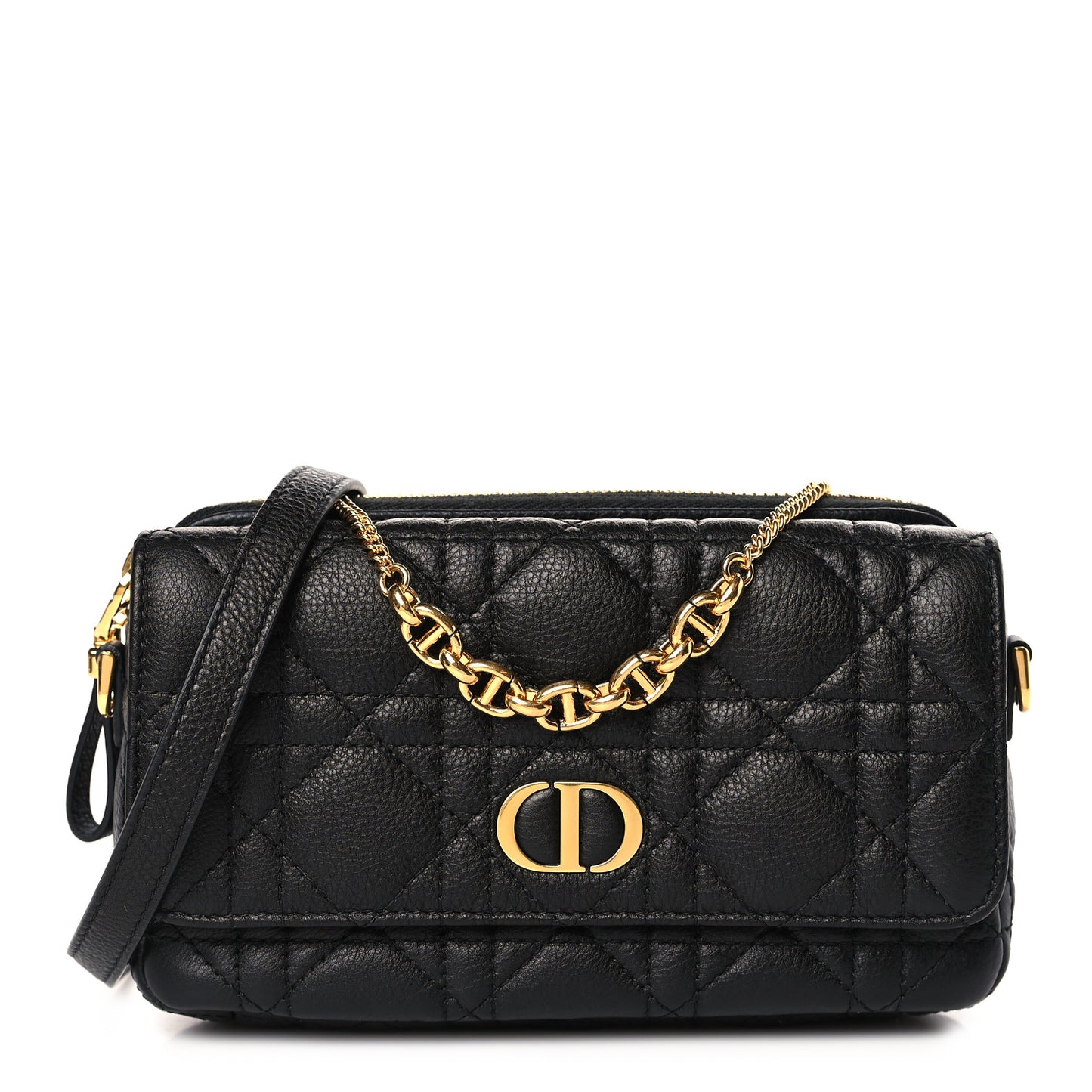 Supple Calfskin Cannage Caro Pouch with Chain Black