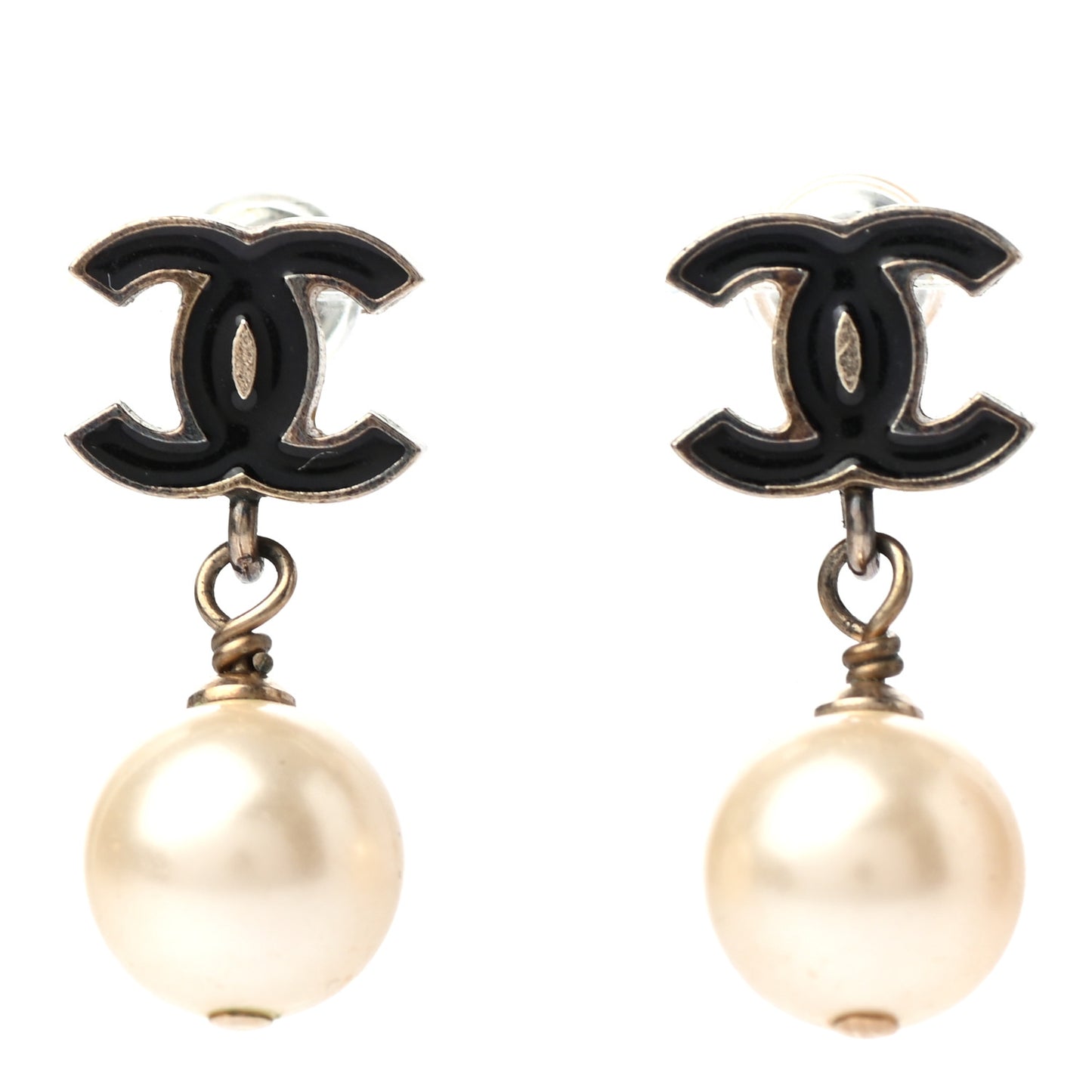 Pearl Enamel CC Drop Earrings Black