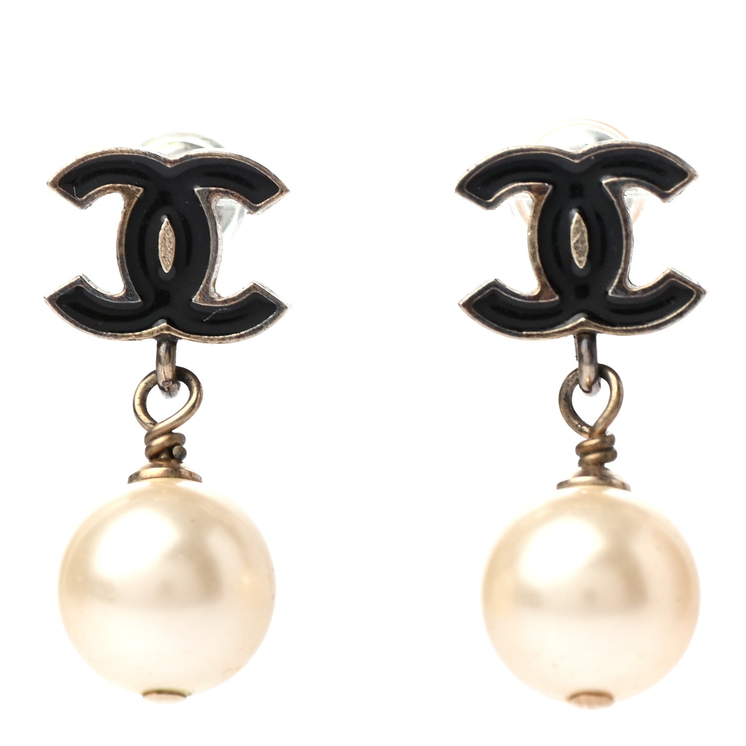 Chanel Pearl Enamel CC Drop Earrings Black 1 of 4