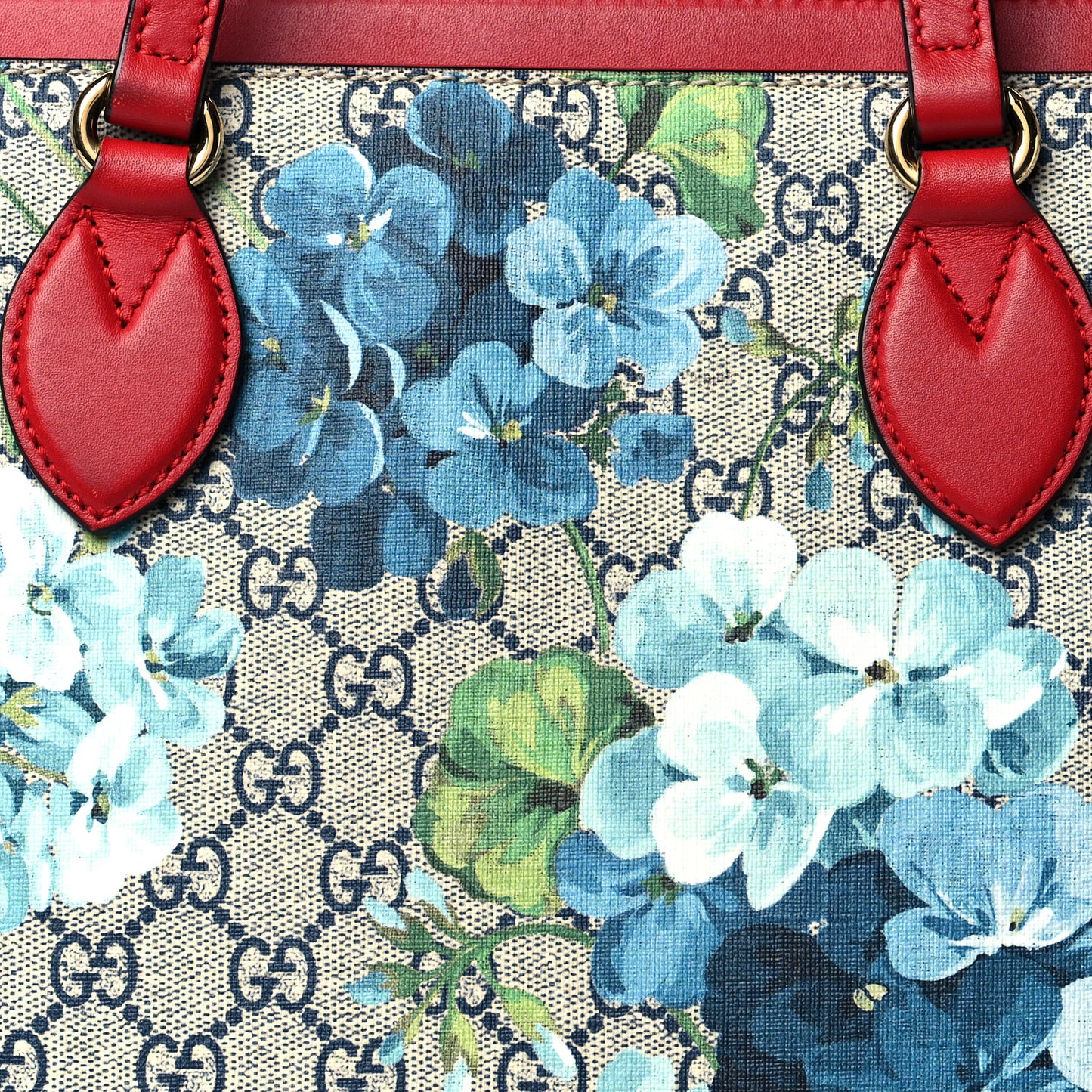 GG Supreme Monogram Blooms Medium Zippered Bucket Tote Beige Blue Navy Hibiscus Red