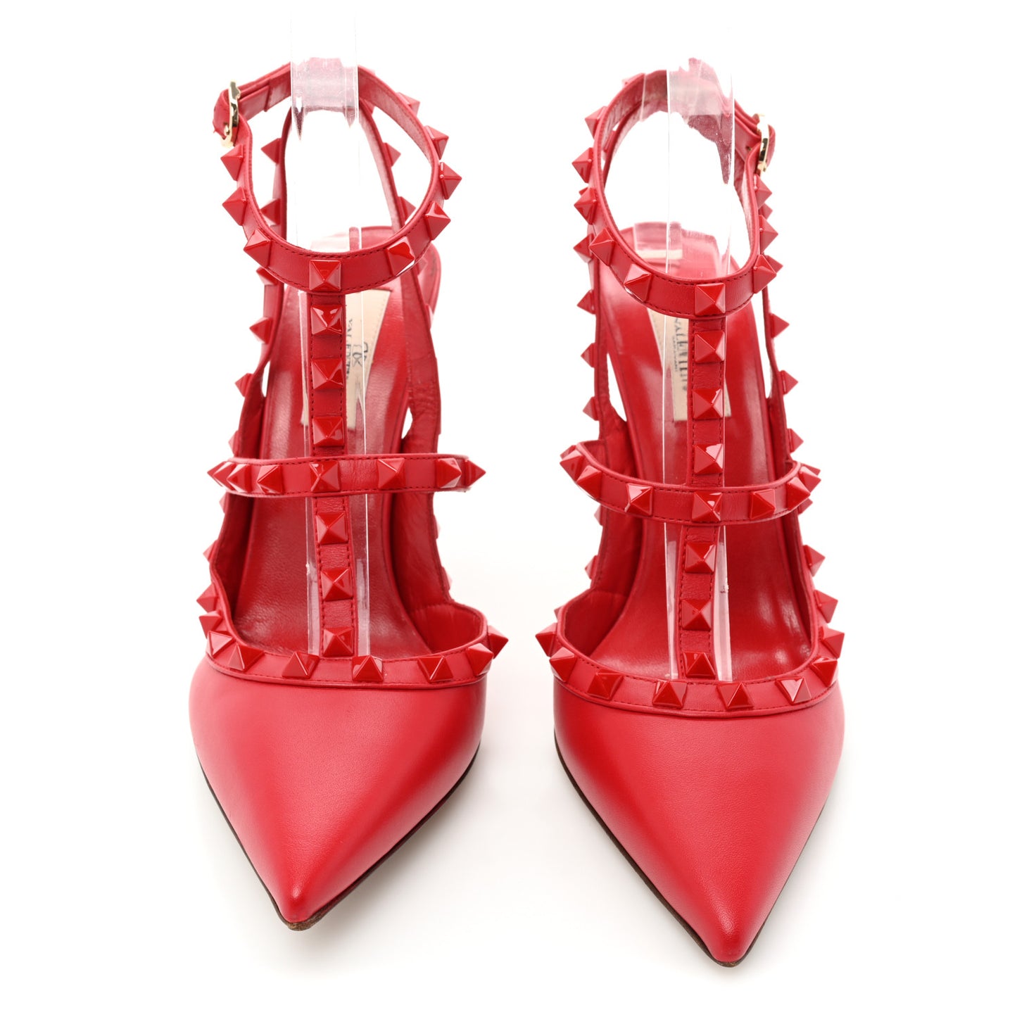 Calfskin Lacquered Monochrome Rockstud Ankle Strap 100mm Pumps 38 Rouge Pur