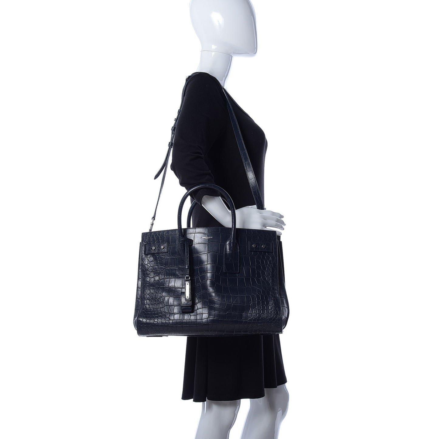 Calfskin Crocodile Embossed Medium Souple Sac De Jour Navy