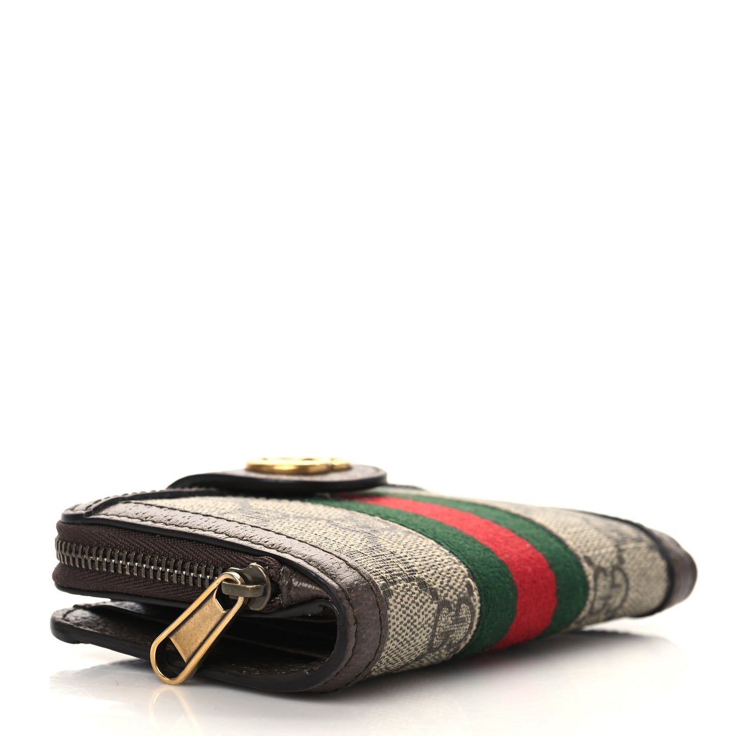 GG Supreme Monogram Textured Dollar Calfskin Web Ophidia Overlay Zip Around Card Case Wallet Beige Ebony New Acero