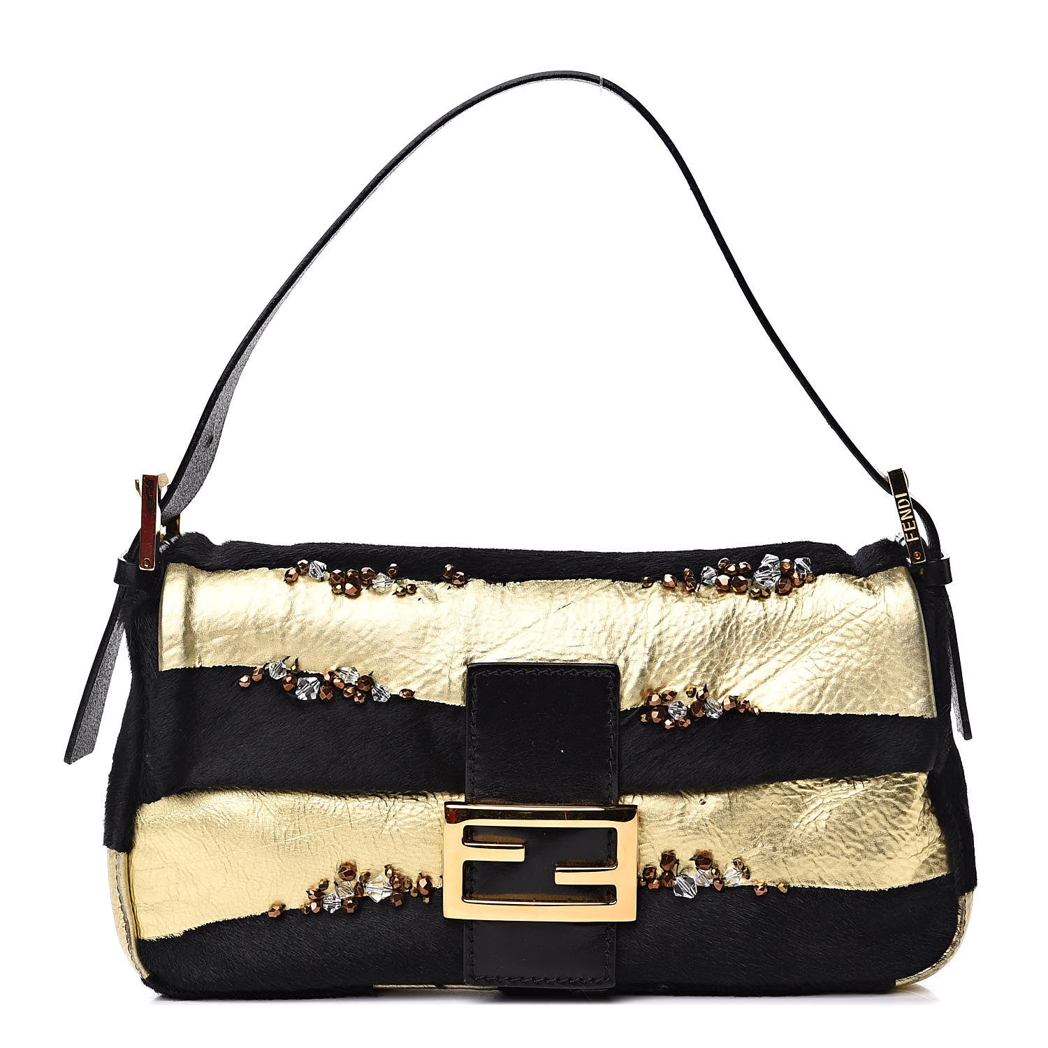 Fendi Metallic Calfskin Calf Hair Sequin Baguette Black Gold 1 of 12