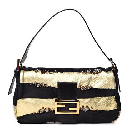 Fendi Metallic Calfskin Calf Hair Sequin Baguette Black Gold 1 of 12