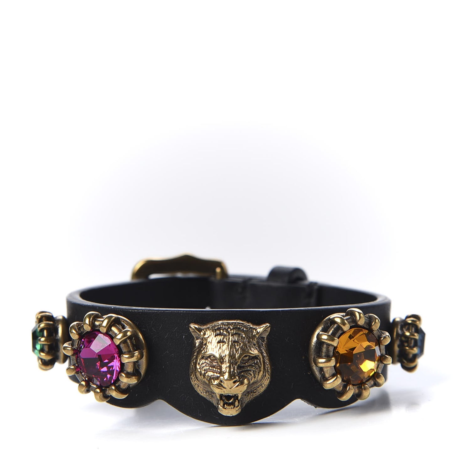 Calfskin Crystal Feline Heads Bracelet Black