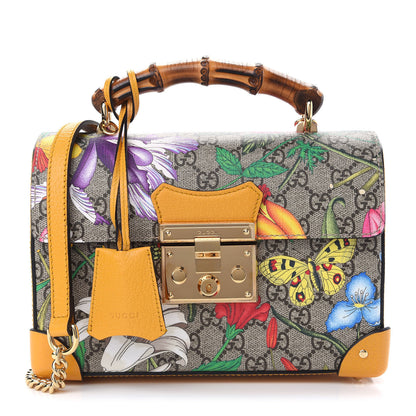 Gucci GG Supreme Monogram Flora Small Padlock Bamboo Shoulder Bag Beige Multicolor Crop 1 of 10