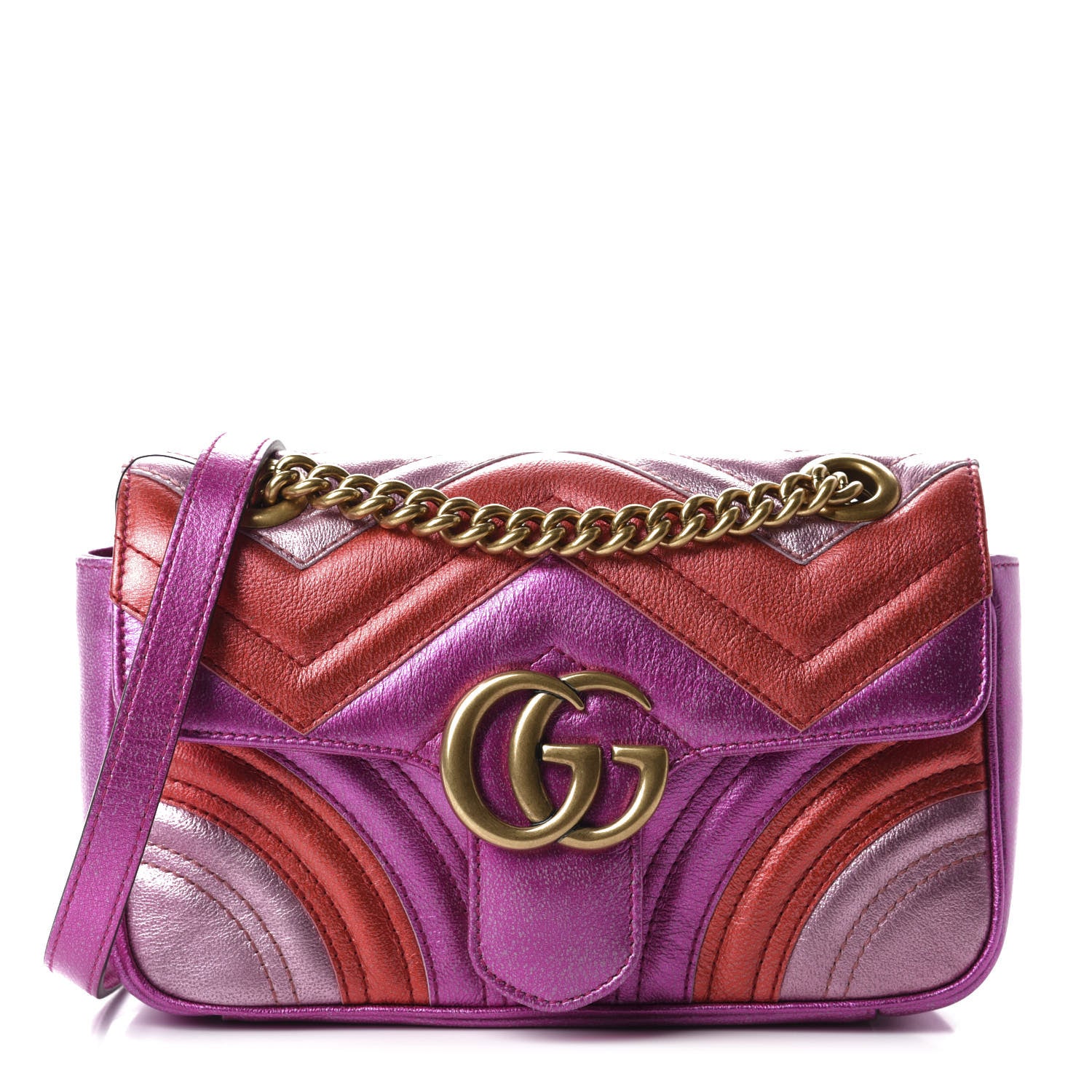 Gucci Metallic Calfskin Matelasse Mini GG Marmont Shoulder Bag Fuchsia 1 of 10