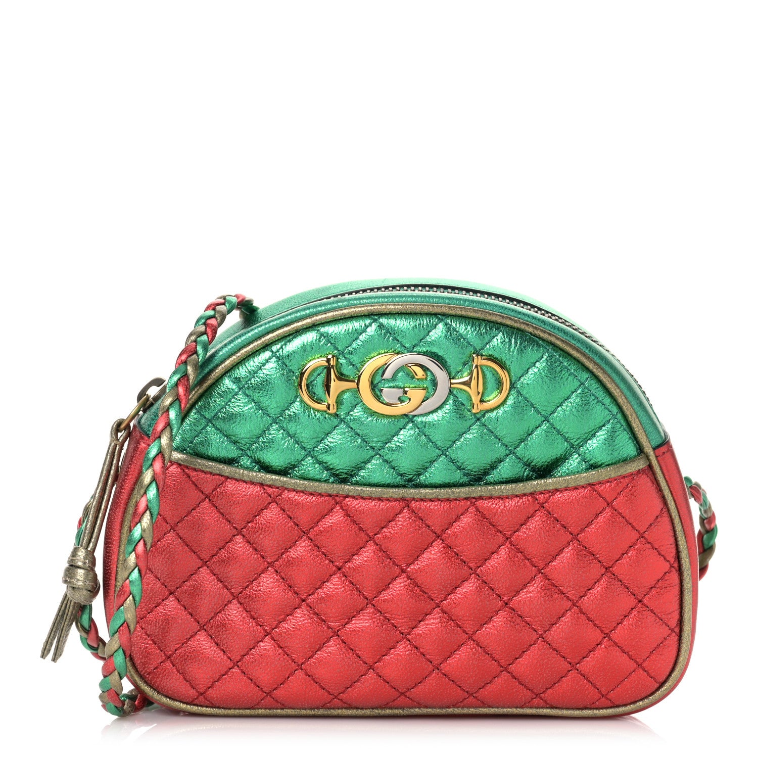 Gucci Laminated Nappa Trapuntata Mini Zumi Dome Shoulder Bag Rosso Jasmine Green Rame 1 of 8