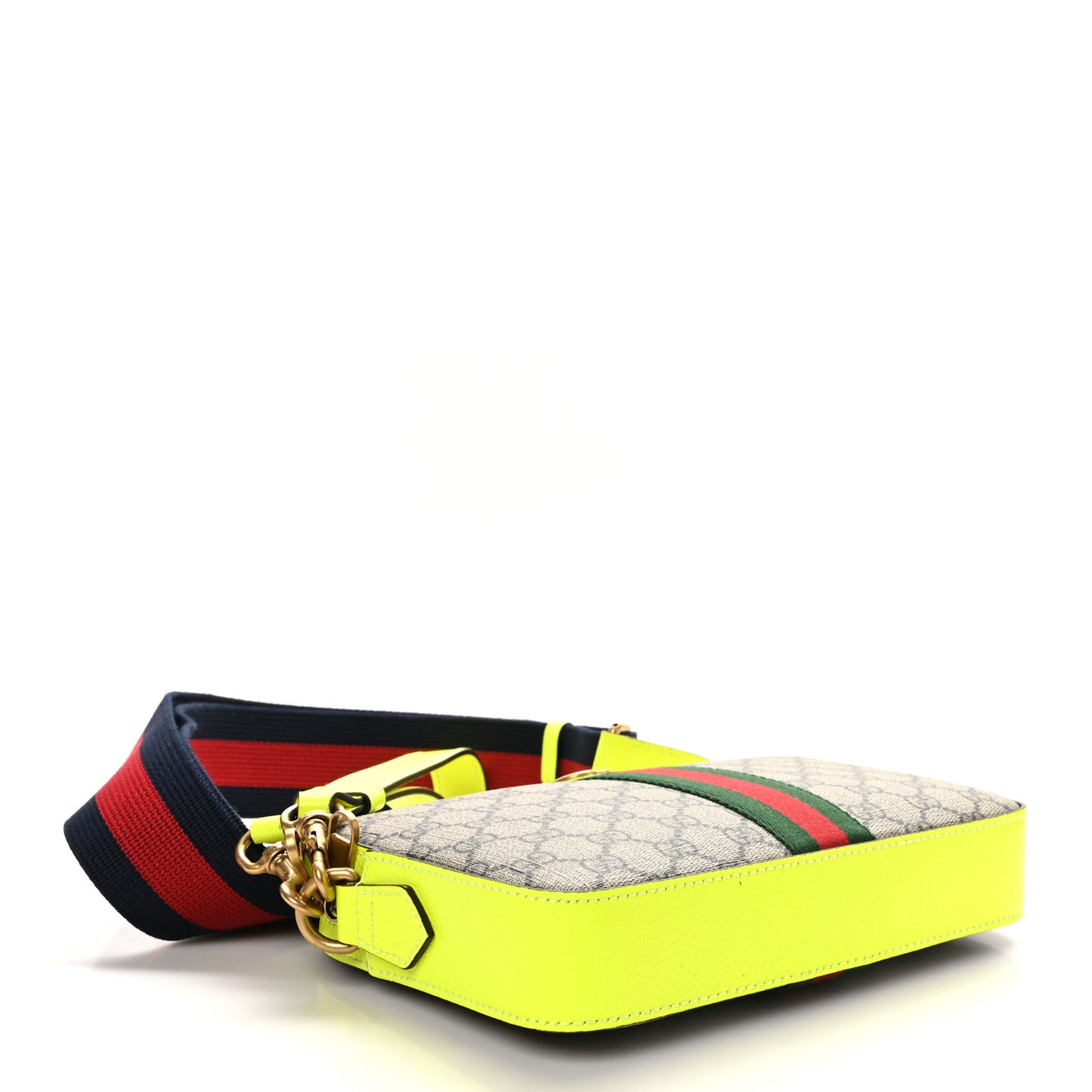 GG Supreme Monogram Textured Dollar Calfskin Web Ophidia Wristlet Shoulder Bag Beige Ebony Fluo Yellow