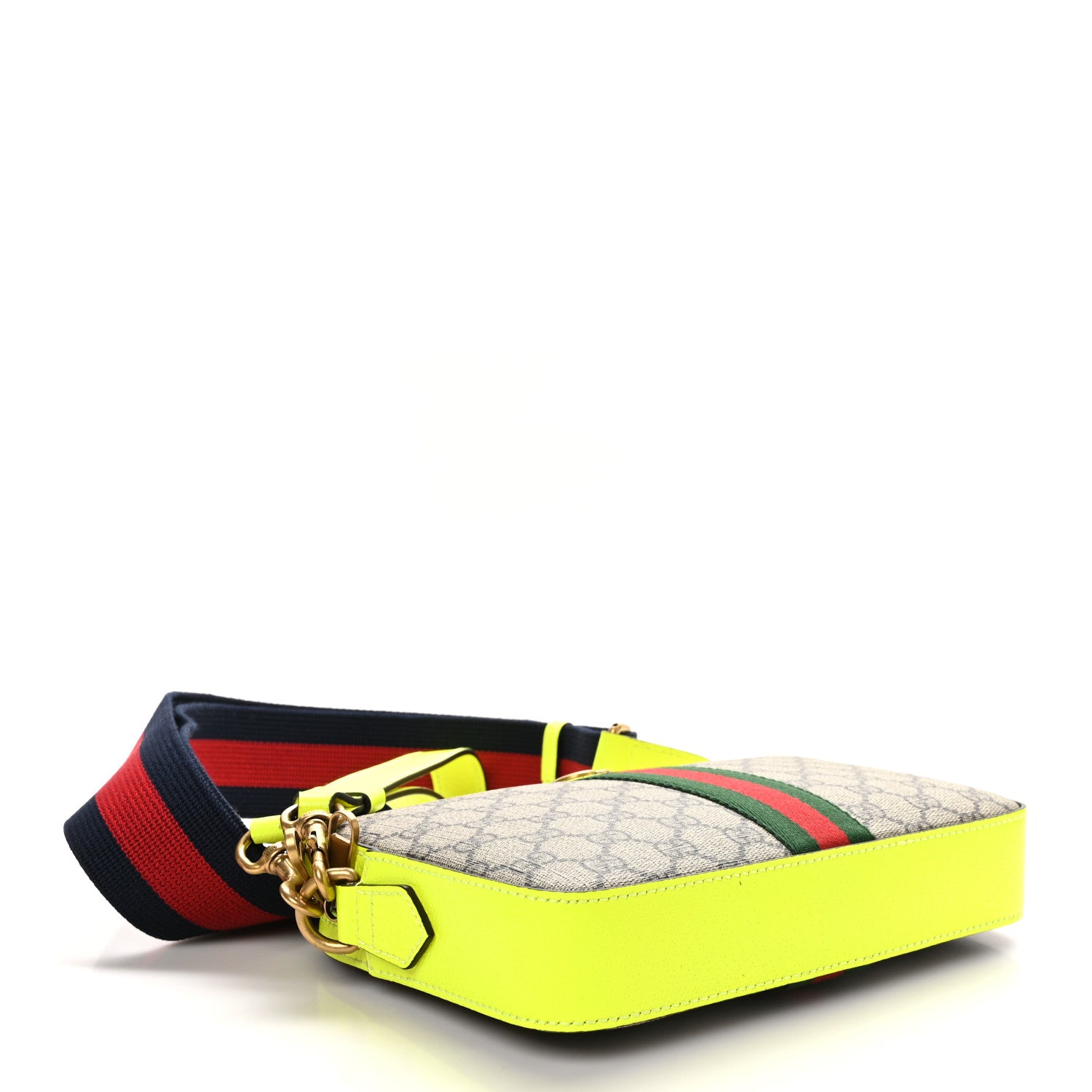 Gucci GG Supreme Monogram Textured Dollar Calfskin Web Ophidia Wristlet Shoulder Bag Beige Ebony Fluo Yellow 4 of 10