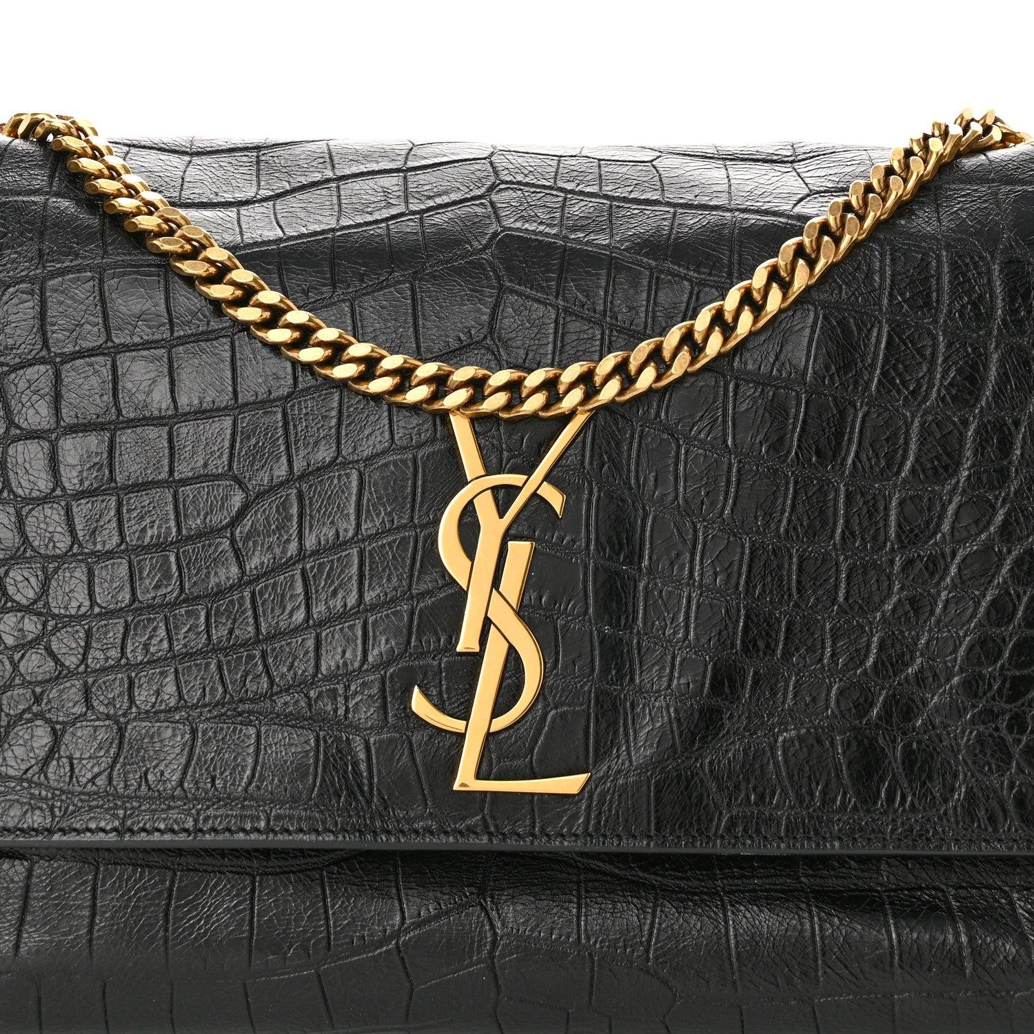Saint Laurent Calfskin Crocodile Embossed Suede Medium Reversible Monogram Kate Satchel Military Taupe 11 of 13