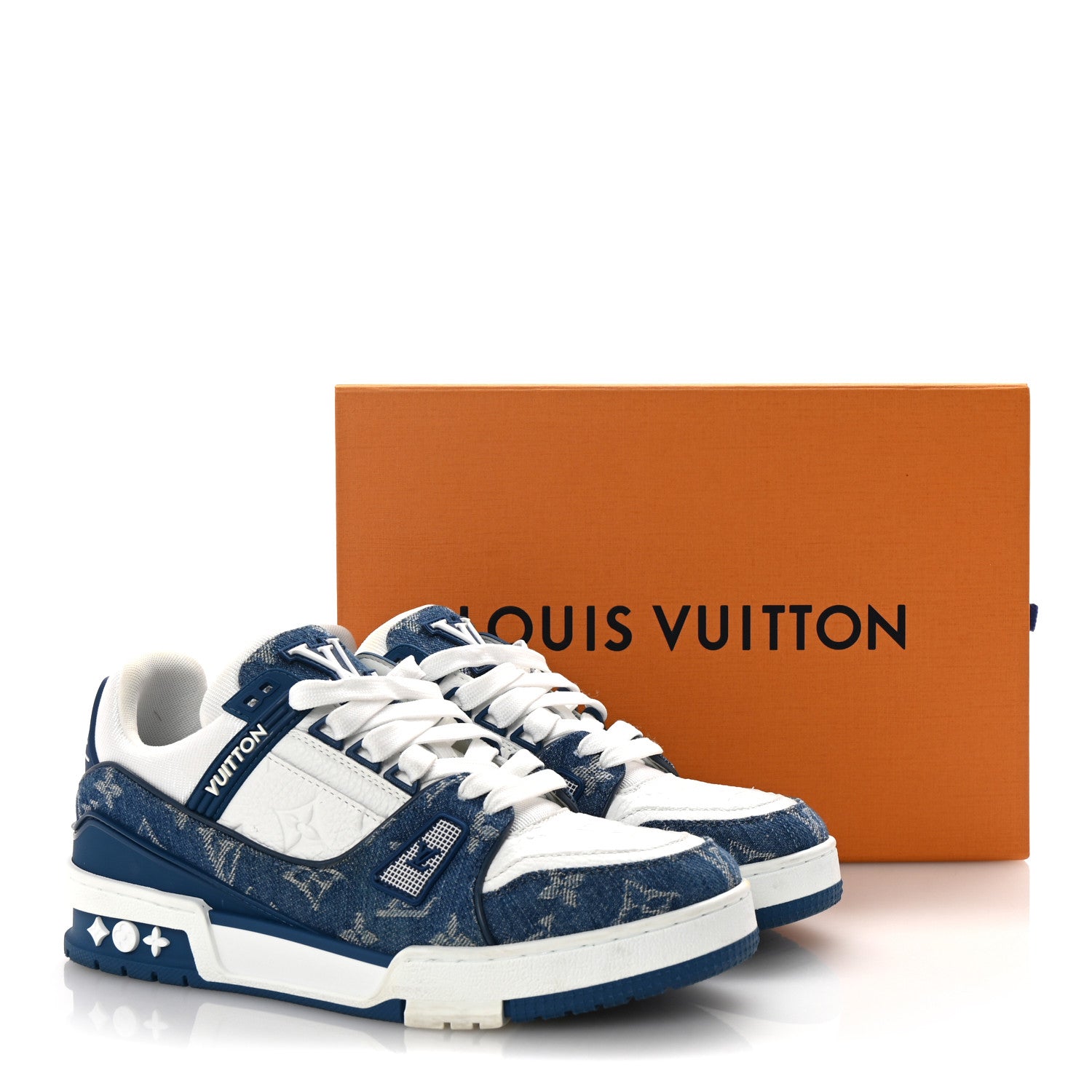Louis Vuitton Calfskin Embossed Monogram Denim Womens LV Trainer Sneakers 38 Blue 11 of 11