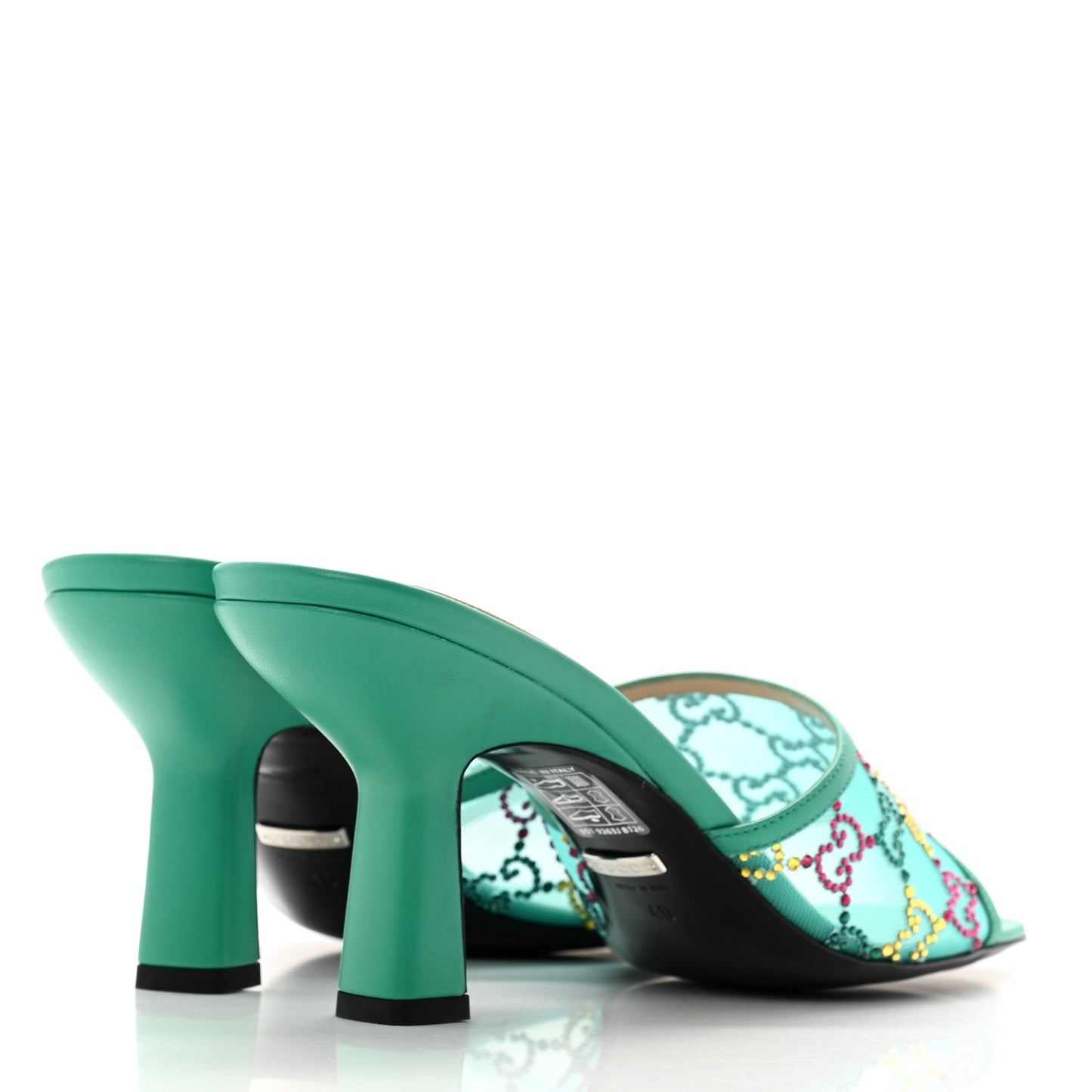 Tela Retino Nappa Crystal GG Monogram Square G 95mm Slide Sandals 40 Turquoise