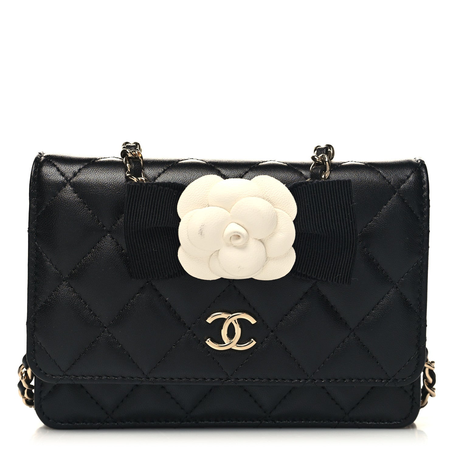Chanel Lambskin Quilted Mini Camellia Bow Wallet On Chain WOC Black 1 of 11