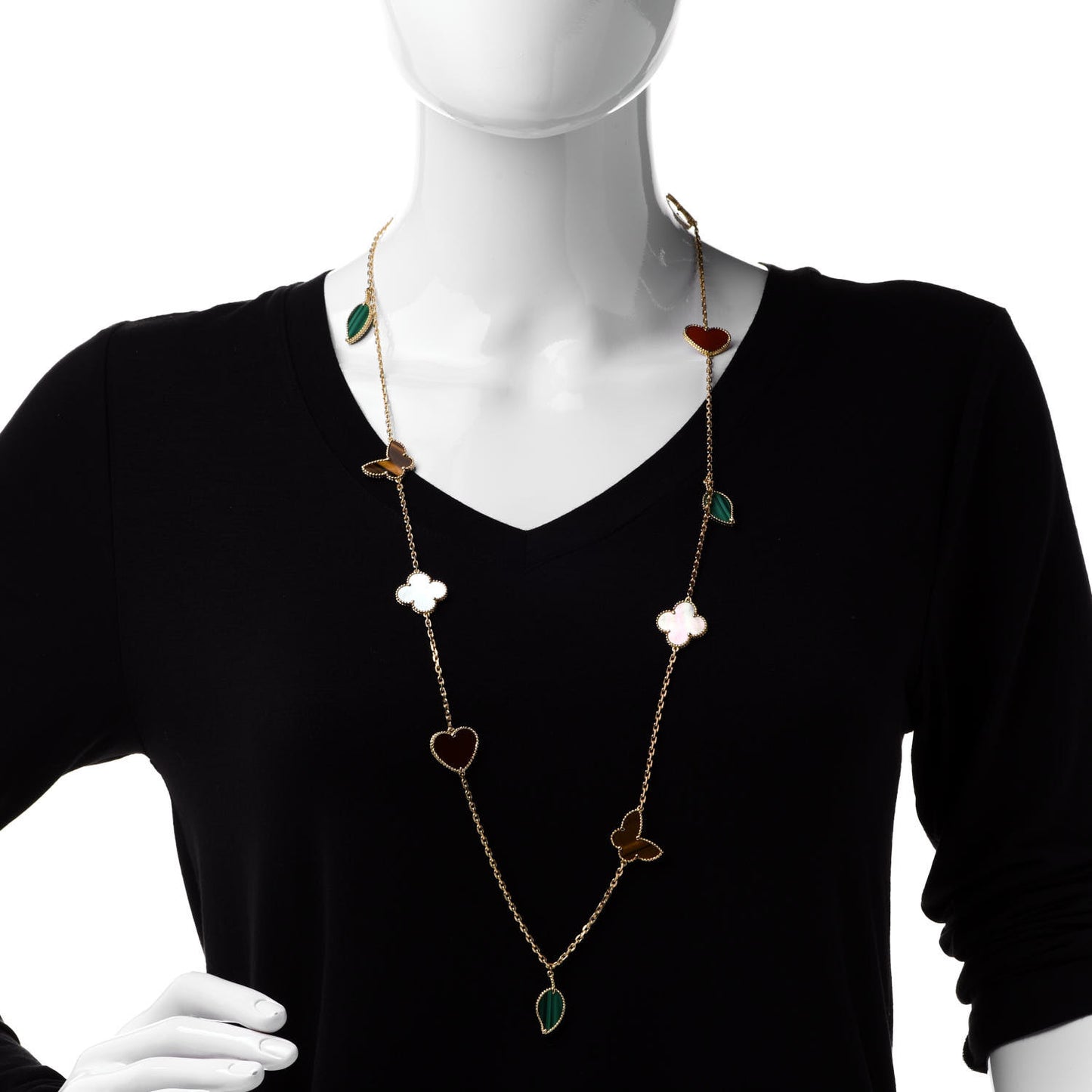 18K Yellow Gold Mother of Pearl Malachite Carnelian Tiger Eye 12 Motif Lucky Alhambra Necklace