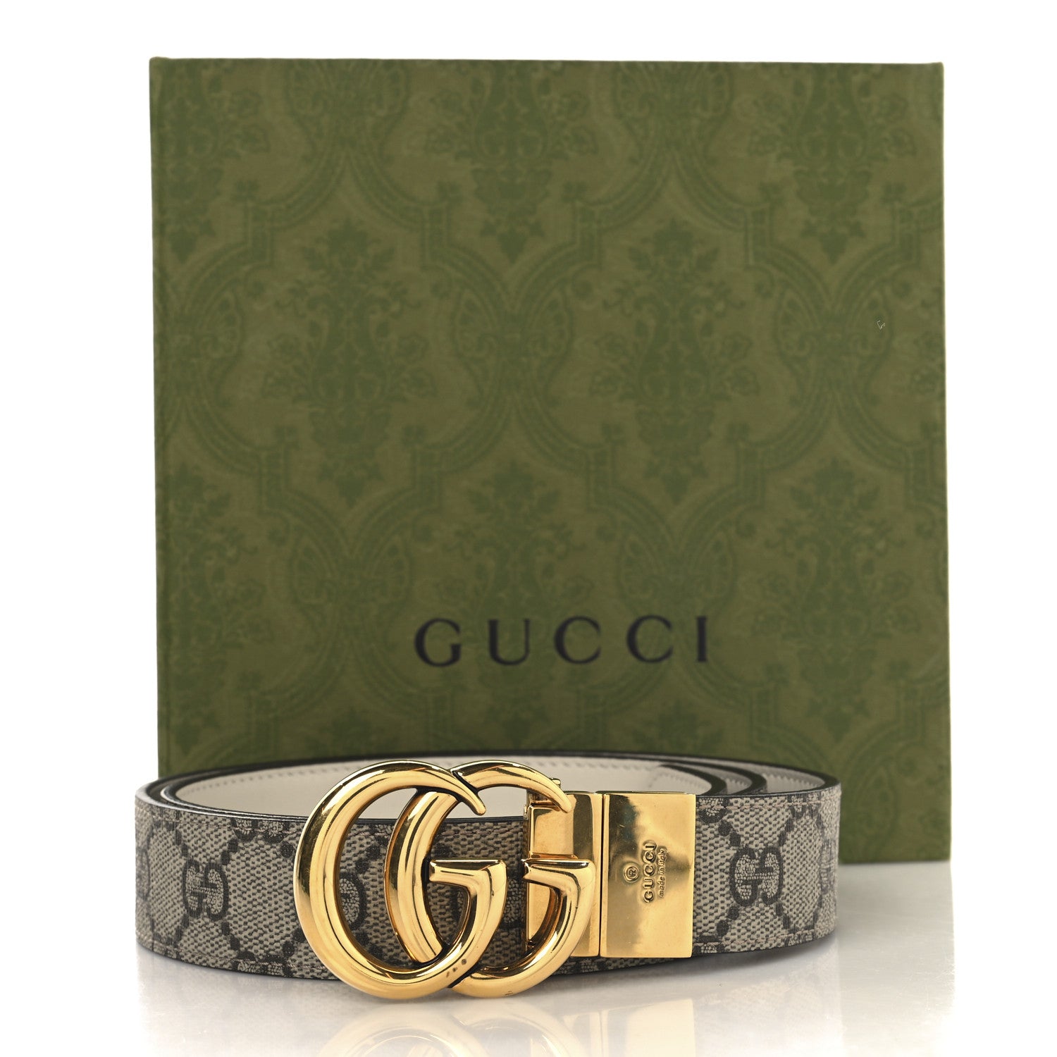 Gucci GG Supreme Monogram Plutone Calfskin Double G Reversible 30mm Belt 85 34 Beige Ebony Mystic White 8 of 8