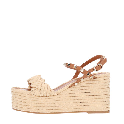 Valentino Garavani Calfskin Raffia Braided Rockstud Ankle Strap Espadrille 95mm Wedge Sandals 37 Almond Beige Naturale 1 of 9