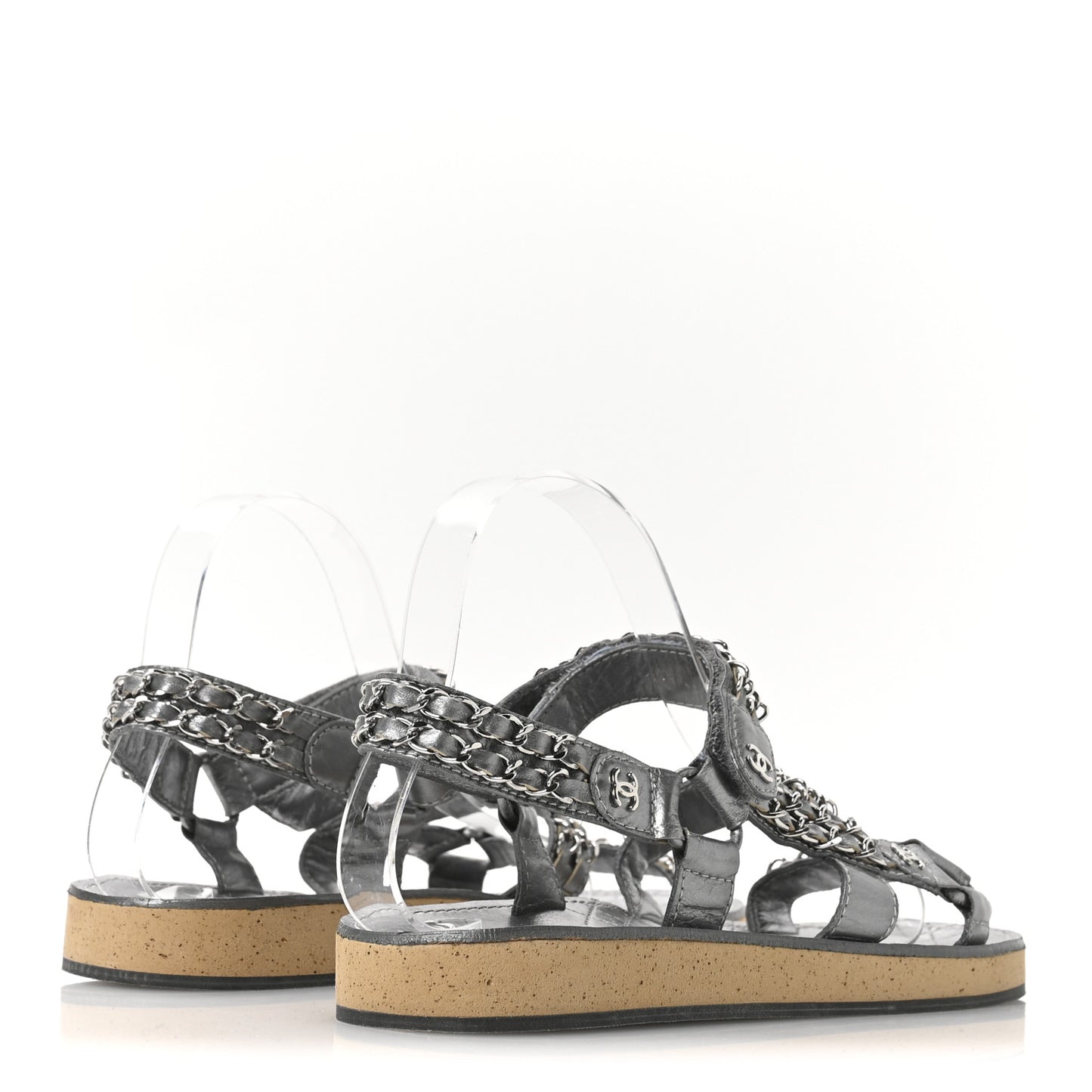 Metallic Laminated Goatskin Chain Flat Sandals 39 Dark Silver