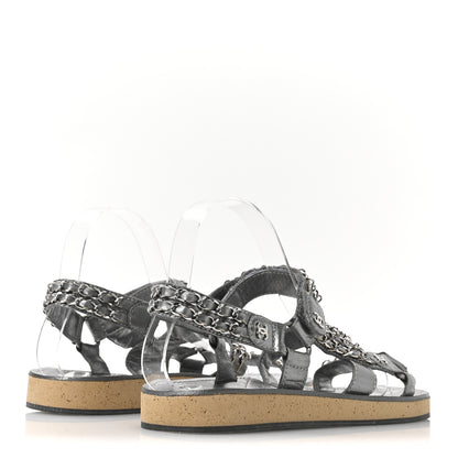 Chanel Metallic Laminated Goatskin Chain Flat Sandals 39 Dark Silver 5 of 8