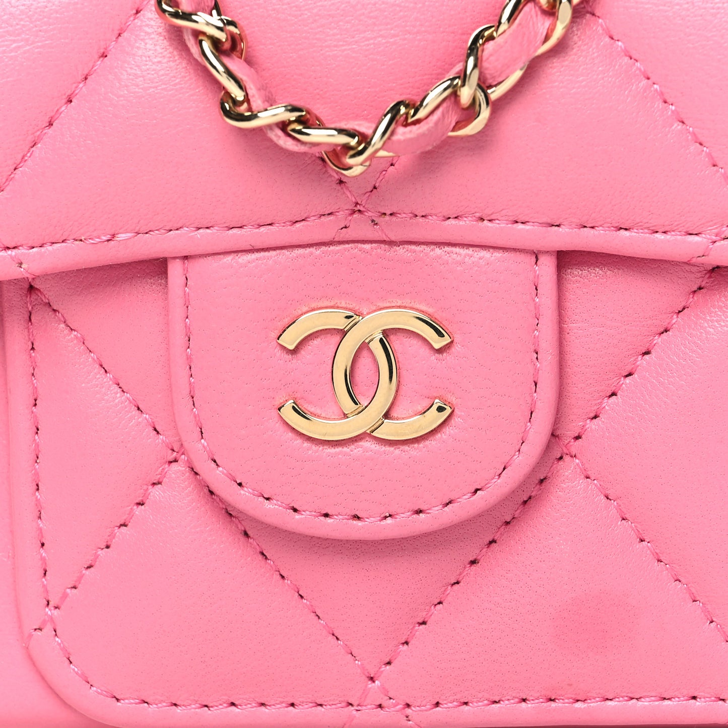 Lambskin Quilted Pearl Crush iPhone XII Pro Holder With Chain Pink