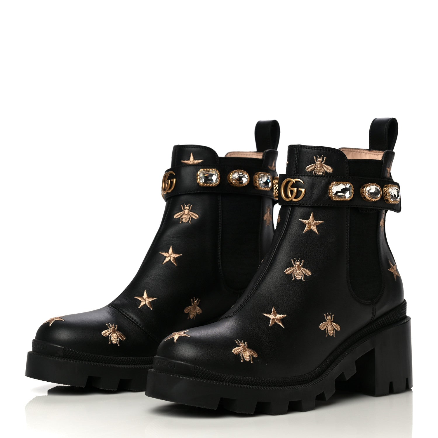 Gucci Calfskin Bee Star Embroidered Belt Ankle Boots 39.5 Black 3 of 9