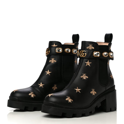 Gucci Calfskin Bee Star Embroidered Belt Ankle Boots 39.5 Black 3 of 9