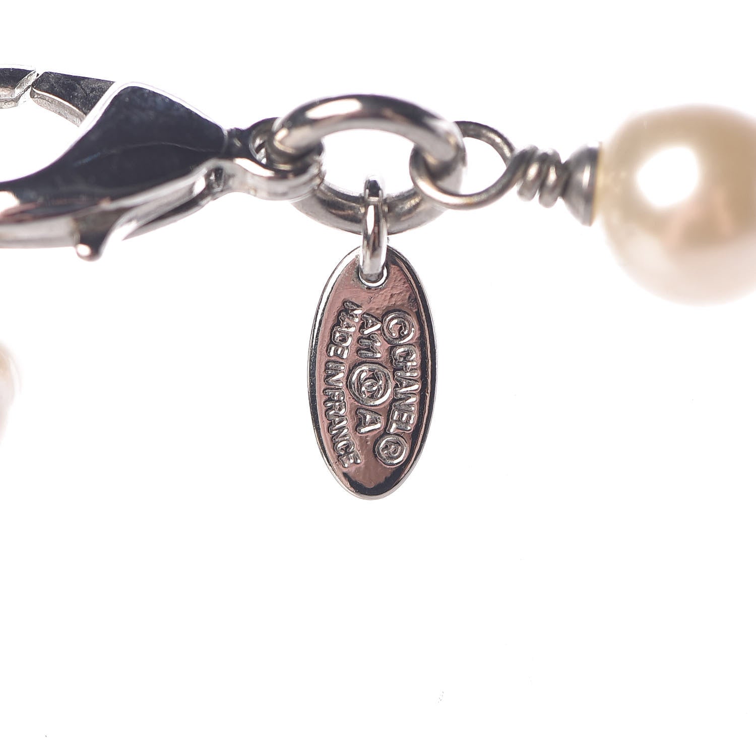Chanel Graduated Pearl Crystal CC Long Necklace Silver Pearly White 4 of 8