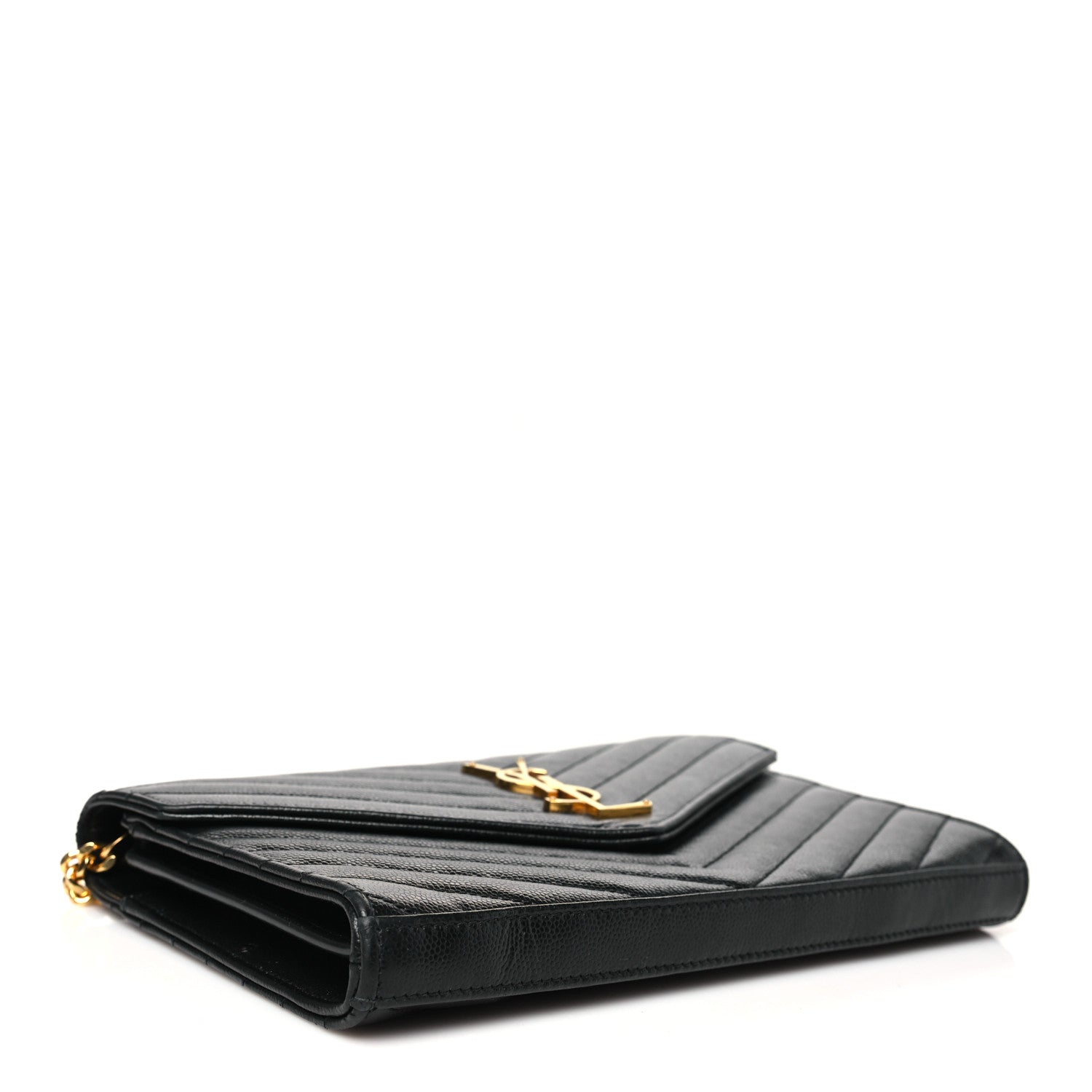 Saint Laurent Grain De Poudre Matelasse Chevron Monogram Chain Wallet Black 4 of 11