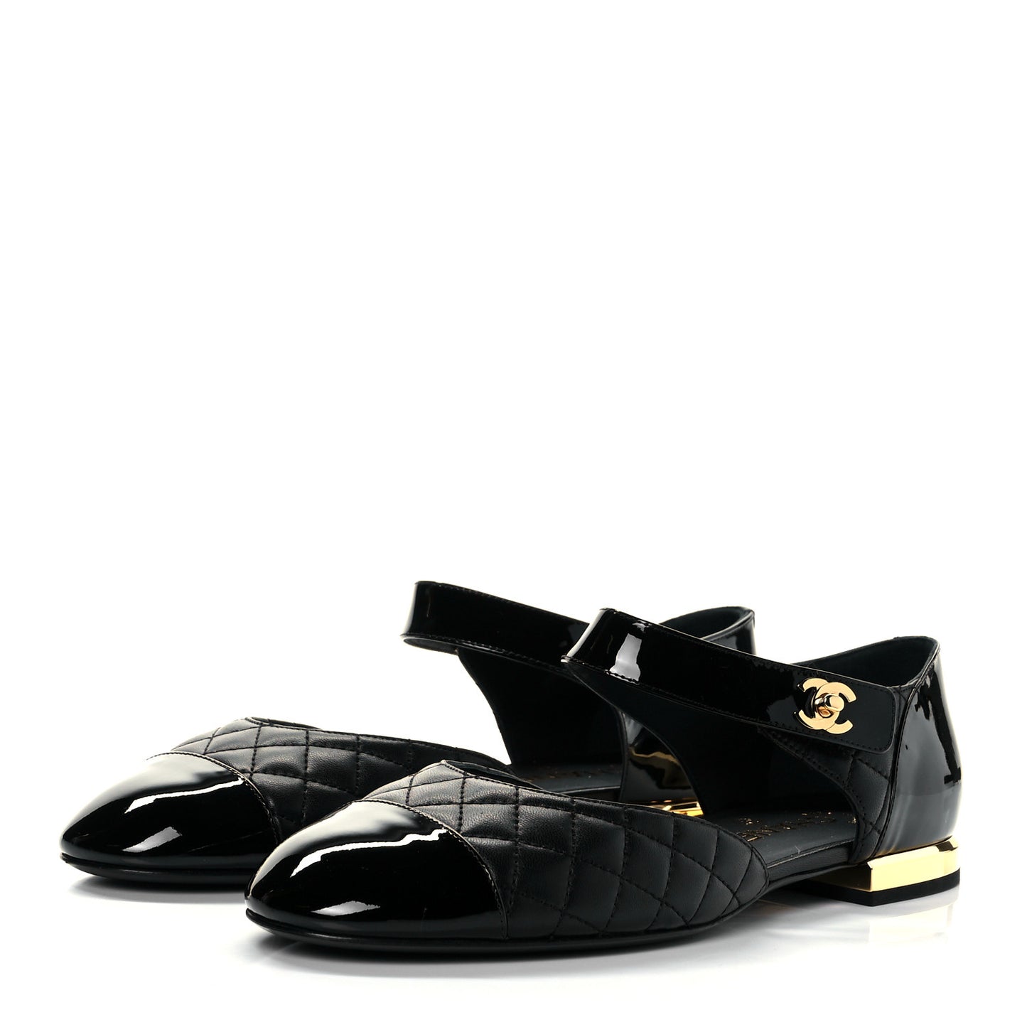 Patent Lambskin Quilted Cap Toe Ballerina Flats 39 Black