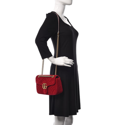 Gucci Velvet Matelasse Small GG Marmont Shoulder Bag Hibiscus Red 2 of 9