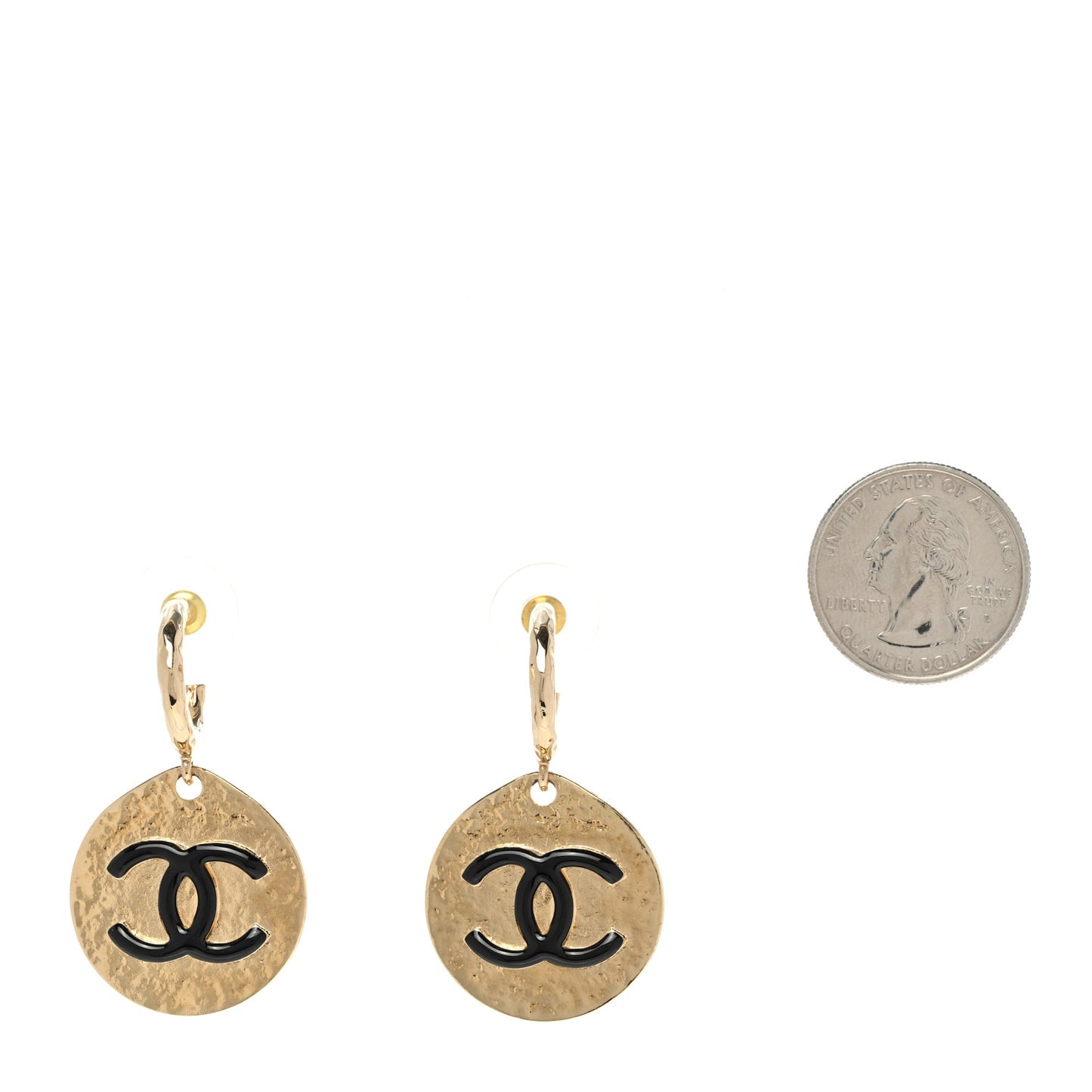 Enamel CC Disc Drop Hoop Earrings Gold Black