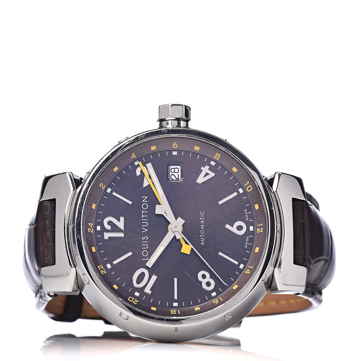 Louis Vuitton Stainless Steel Alligator 39mm Tambour GMT Automatic Watch Brown 3 of 9