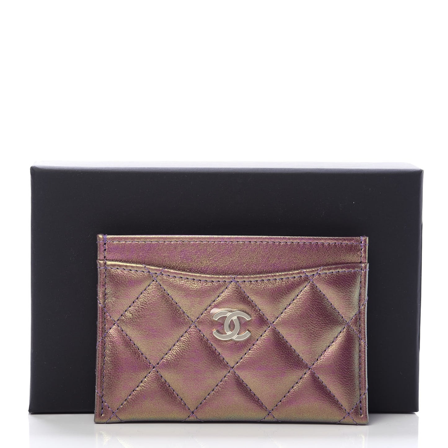 Iridescent Lambskin Quilted Card Holder Purple