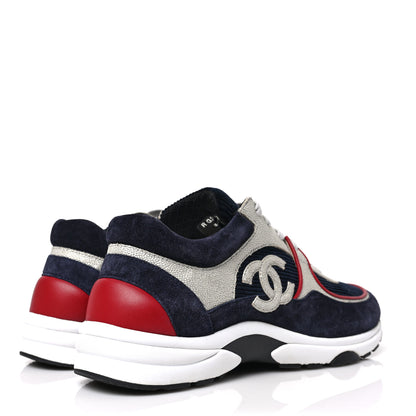 Chanel Calfskin Velvet CC Sneakers 40.5 Navy Silver Red 4 of 7