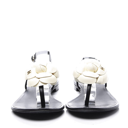 Chanel Patent Camellia Thong Sandals 36 Black White 3 of 12