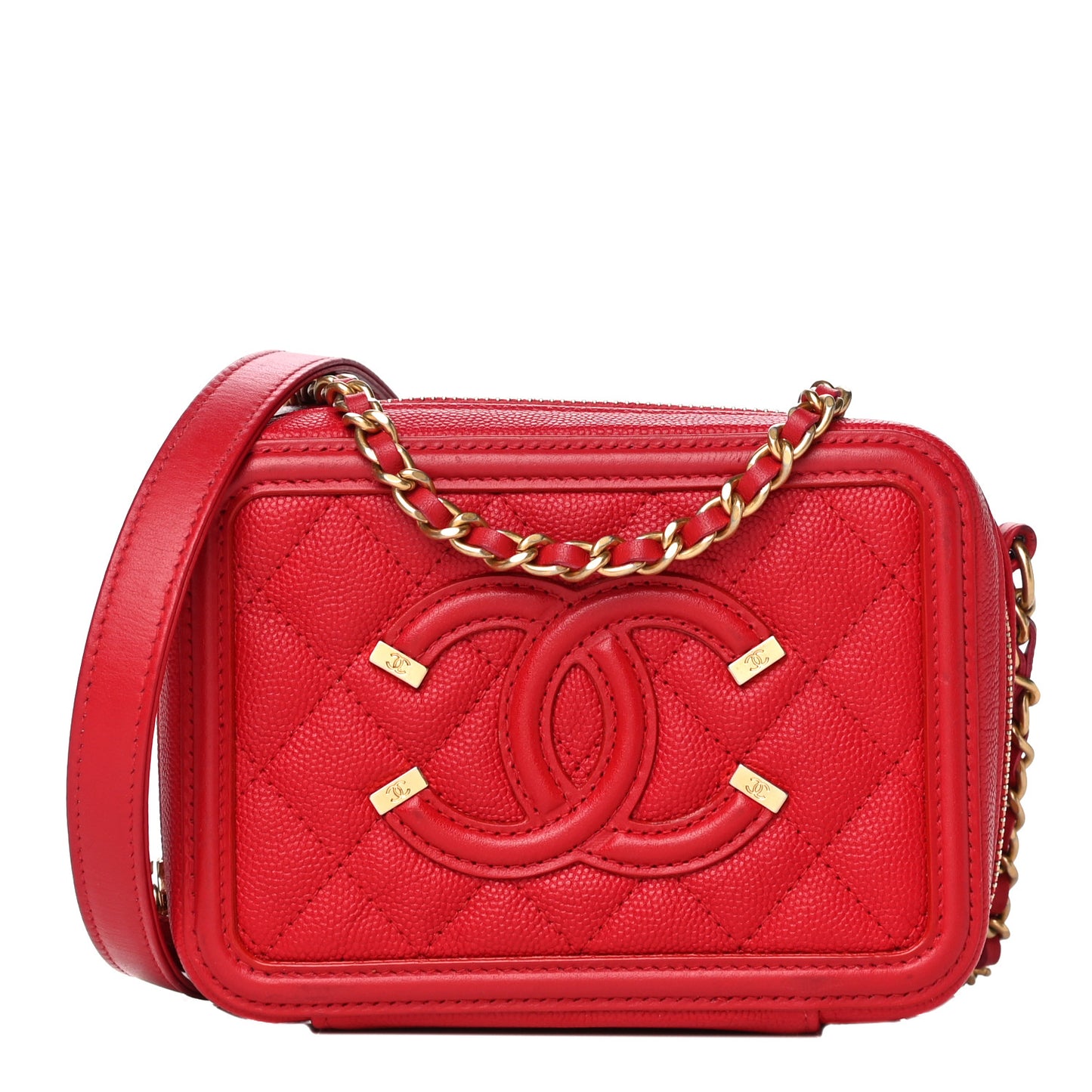 Caviar Quilted Filigree Vanity Clutch With Chain Red