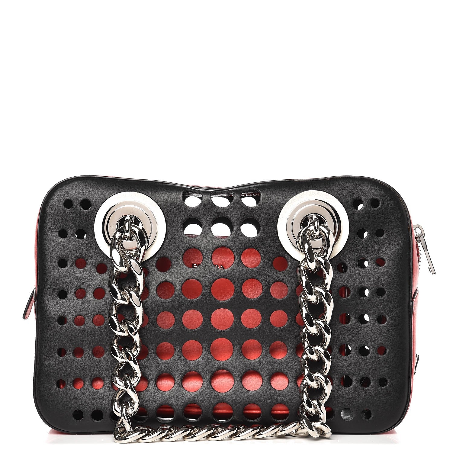 Prada City Calfskin Perforated Chain Shoulder Bag Black Lacca 1 of 10