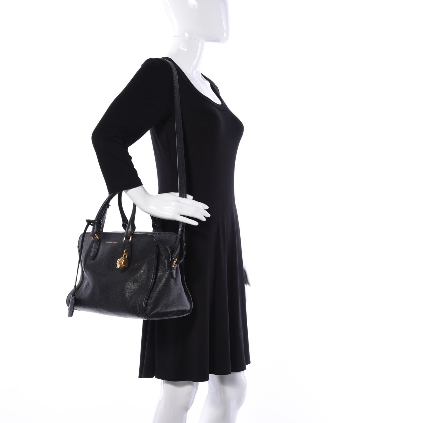Pebbled Calfskin Small Skull Padlock Zip Around Tote Black