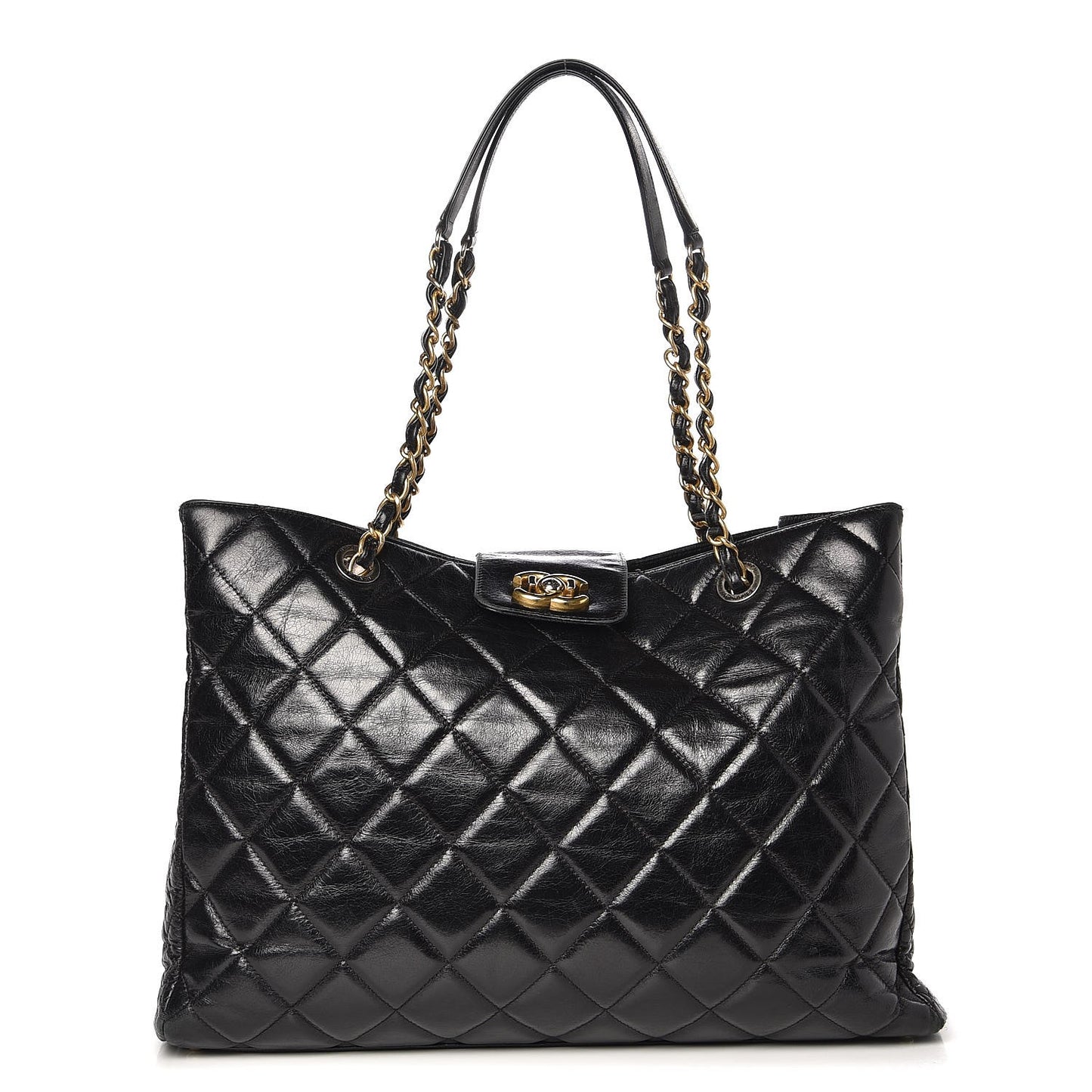 Glazed Calfskin Quilted Large Tote Black