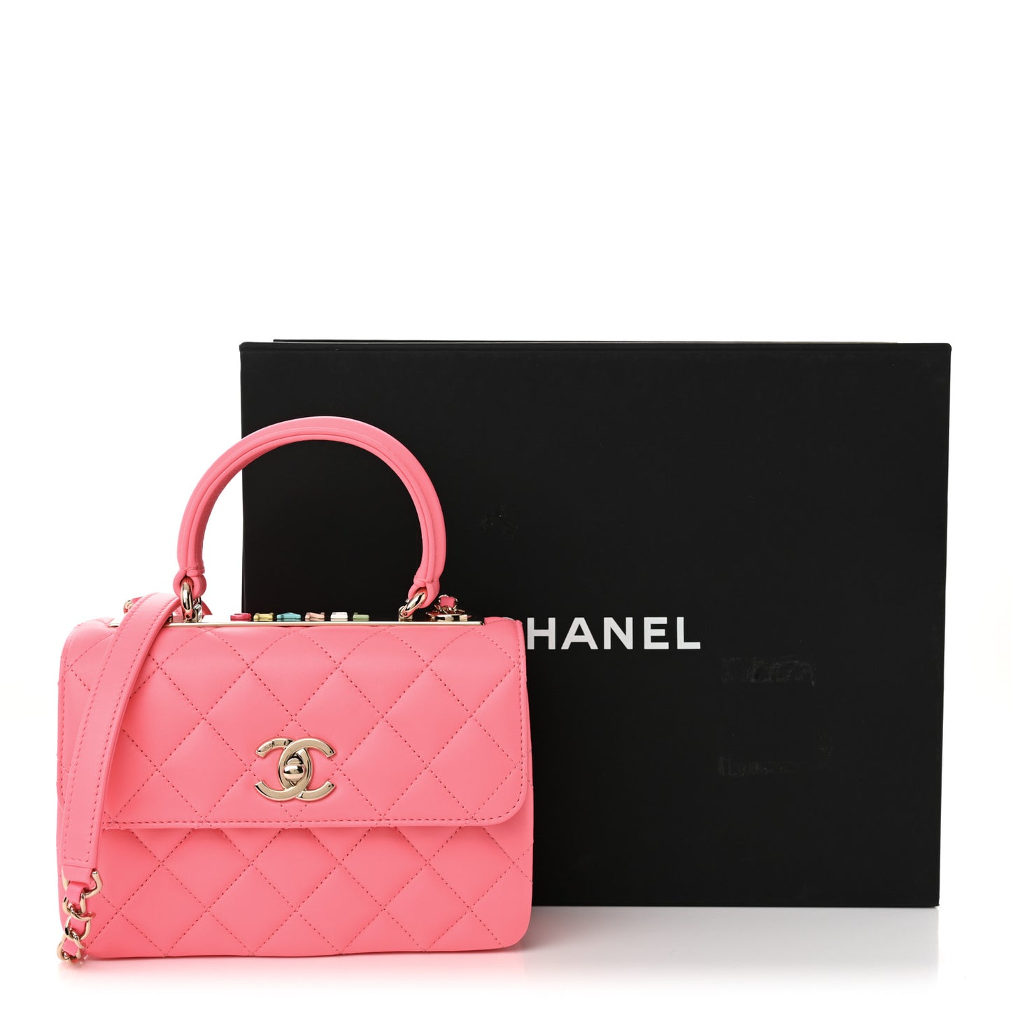 Lambskin Lacquered Quilted Mini Trendy CC Dual Handle Flap Bag Coral Pink